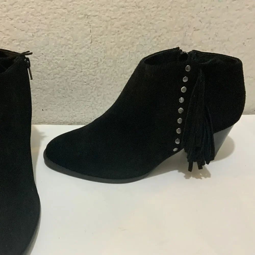 Vionic • Faros Fringed Bootie ankle boot black suede heeled studded orthotic
